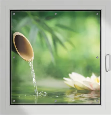 Produktbild von Wallario Lichtschutzbild, Dekorativer Sichtschutz Sonnenschutz 96 x 100 cm mit Motiv: Seerosen und Bambus auf dem Wasser - Verdunklung ohne Bohren