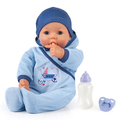 Produktbild von Bayer Design 94683AA, interaktívna bábika Hello Baby Boy, s funkciou, pohybuje ústami, vydáva detské zvuky, modrá, 46 cm