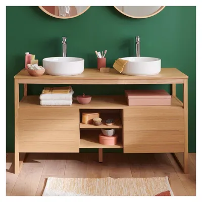 Image de Meuble ATOLL double vasque 140cm chêne robinets blanche