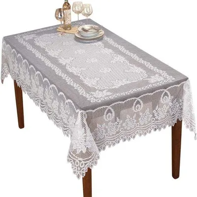 Produktbild von Rechte Tischdecke - Weiß Blumenrand Tischdecke - Tischdecke für den Heimgebrauch - Rechteckige Tischdecke - Polyester - Ideal für Hochzeiten, Restaurants, Bankette, Picknicks - Weiß - 152 x 228 cm