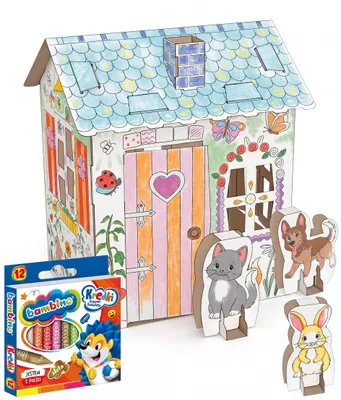 Zdjęcie produktu dla Domek 3D z kartonu do kolorowania kwiatowy dla dzieci 40 cm Monumi + kredki Bambino, Obraz wygenerowany przez AI