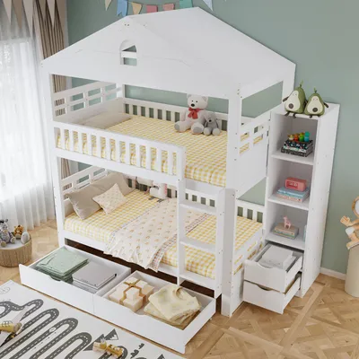 Productafbeelding van MODFU Stapelbed 90x200, huisvormig kinderbed met 2 grote lades en een opbergkast aan de zijkant, tienerbed met ladder, zonder matras, wit