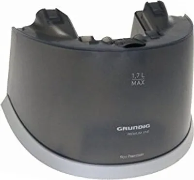 A dark gray water tank with a silver base, likely for a steam iron station.