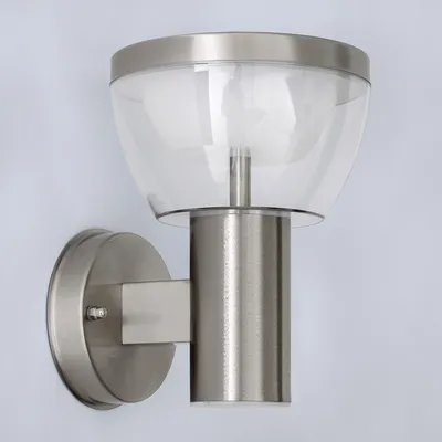 A modern outdoor wall light with a brushed metal finish and a clear glass shade.