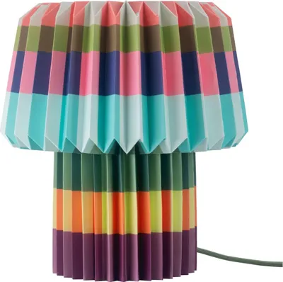 A colorful pleated table lamp.