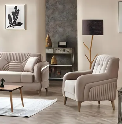 Produktbild von Beige Sessel Moderne Polstermöbel Wohnzimmer Design Möbel Textil Sitz