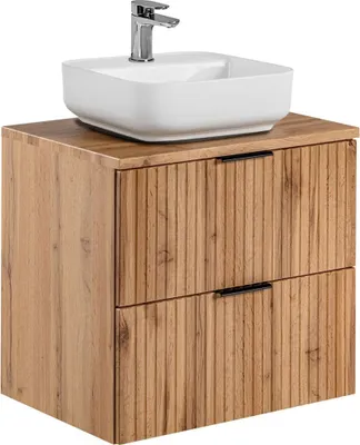 Produktbild von Badmöbel Waschtisch Unterschrank Set Wotaneiche gerillt, 40 cm Keramik-Waschbecken, 2 Softclose-Schubkästen, B/H/T 60,6/73,2/46,5 cm