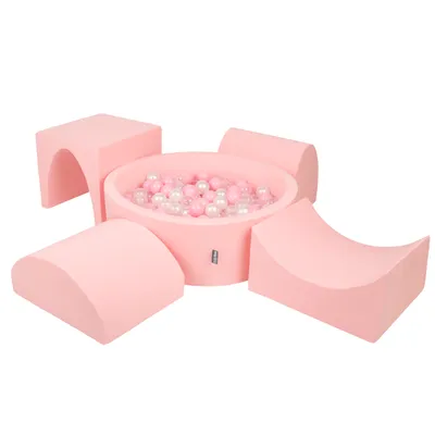 Obrázok produktu pre KiddyMoon Mäkké penové ihrisko pre deti s guľatým loptičkovým ihriskom (200 ∅ 7 cm) s mäkkými prekážkami a loptičkovým bazénom,  vyrobené v EÚ, Ružová: Púdrovo ružová/Perla/Transparentné,
