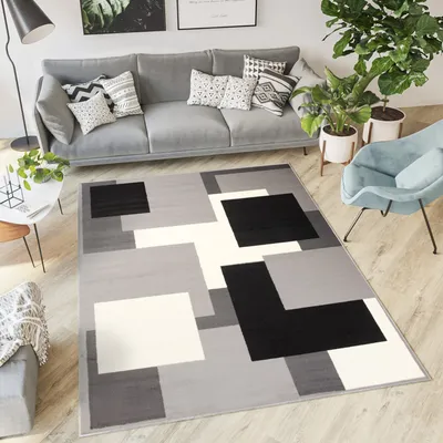 Obrázok produktu pre Koberec obývacia izba spálňa krátky vlas moderný dizajn sivá biela čierna štvorcová kontrola jedáleň kuchyňa ÖKOTEX 250 x 300 cm