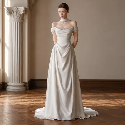 Produktbild von Damen Brautkleid Off Shoulder Hochzeitskleid Bodenlang Elegant Satin Kleid Hochzeit XL