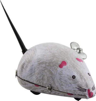 A wind-up tin toy mouse on a white background.