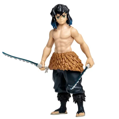 A full-body shot of an action figure of the character Inosuke Hashibira from Demon Slayer: Kimetsu no Yaiba, standing against a white background.