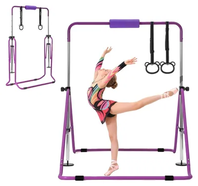 Obrázek produktu pro VEVOR gymnastická hrazda pro děti s nosností 63,5 kg, skládací posilovací rám s gymnastickými kruhy, výškově nastavitelná hrazda pro indoorové i outdoorové cvičení, fitness vybavení pro dětskou gymnastiku, fialová barva