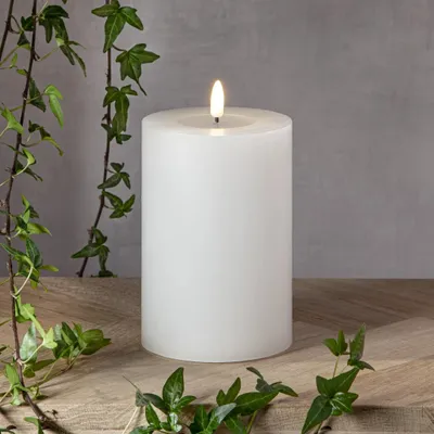 A white LED candle with a flame sits on a wooden surface, with ivy vines framing the scene against a grey background.