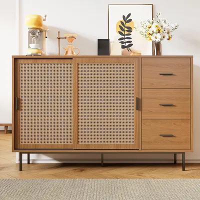 Image de Buffet - 140 x 91 x 37 cm - Portes coulissantes et rotin - Étagères réglables et 3 tiroirs