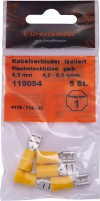 Image de Fiche plate à pincer partiellement isolée Section : 4,0 - 6,0 mm², dimension de la fiche : 6,3 x 0,8 mm, jaune (DRESSELHAUS) Vendu uniquement en paquet de 5 pièces, prix par paquet