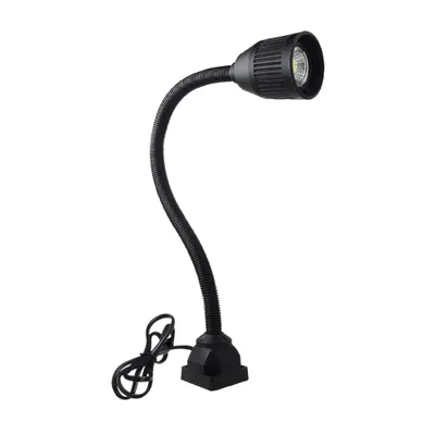 A black LED work light with a flexible gooseneck arm and a square base, isolated on a white background.