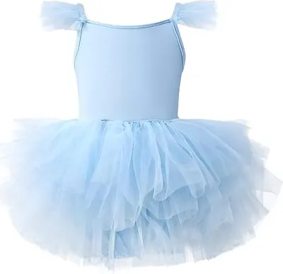 Produktbild von Mädchen Ballettanzug mit Tütü-Rock - Baumwolltrikot Ärmellos Ballettkleid Tanz-Body für Kinder, Blau, M