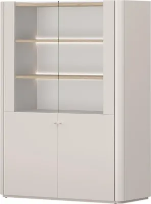 Produktbild von Wohnzimmer Highboard Vitrine mit 100 cm Breite in Beige mit Eiche, inkl. LED Beleuchtung, 2 Türen - ELOY-141