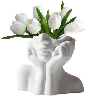 Imagen del producto de Vaso de cerámica blanco, de 30 cm de altura, ideal para flores secas, con un diseño moderno y forma geométrica, perfecto para el dormitorio