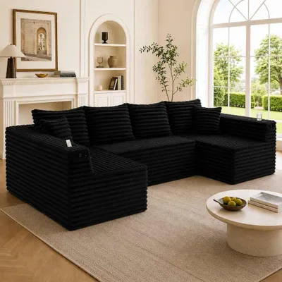 Immagine prodotto di Divano a L in velluto a coste, 6 posti, con portabicchieri e tasche laterali, molle, ergonomico, 4 cuscini per lo schienale, 2 cuscini decorativi, soggiorno, nero