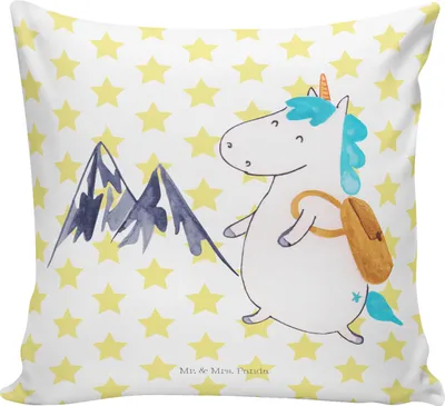 Produktbild von Mr. & Mrs. Panda Sofakissen Einhorn Bergsteiger - Weiß - Geschenk, Polster, kissen bedruckt, Berge, Reisen, Unicorn, Dekokissen, Deko, kuschelkissen 40x40, Einhörner