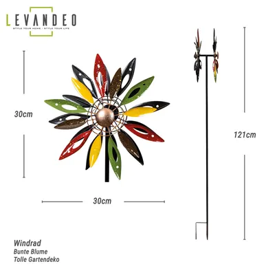 A colorful metal wind spinner shaped like a flower, shown with dimensions and a brand logo.