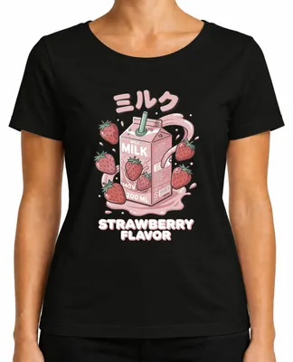 Obrázok produktu pre Tričko s potlačou "Japonské mlieko s príchuťou jahody", štýl "kawaii", s odkazom na Japonsko a éru Y2K, s motívmi z mangy, čierna farba, veľkosť 3XL