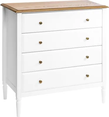 A white chest of drawers with a wooden top and brass knobs, presented against a white background.