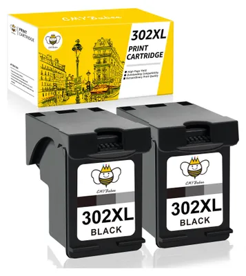 A product shot of two black printer ink cartridges and their yellow packaging.