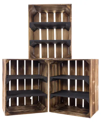 Produktbild von 3er Set geflammte/braune Holzkiste mit 2 Mittelbrettern Quer Schwarz 50cm x 40cm x 30cm Schuhregal Box Obstkiste Weinkiste