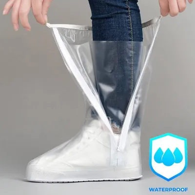 Produktbild von 1 Paar Hohe Rohr Regen Schuh Abdeckung mit Gedrückt Rand Verdickt Sohle Tragen Beständig Regendicht Uni Wiederverwendbare PVC Outdoor Schuh Abdeckung, Weiß, XL 40-41