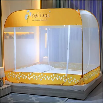 Imagen del producto de Dosel para tienda de campaña, para cama con cortina mosquitera: tienda de juegos cuadrada para niños, tienda de lectura para cuna y decoración de dormitorio (color: amarillo, tamaño: 150 x 200 cm)