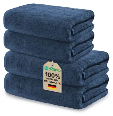 Immagine prodotto di Set di asciugamani Ôhm, 4 pezzi – 100% cotone, 500 g/m², blu scuro – Set per il bagno composto da 2 asciugamani da 70x140 cm e 2 asciugamani da 50x100 cm – Set di asciugamani extra morbidi e altamente assorbenti –  Oeko-Tex