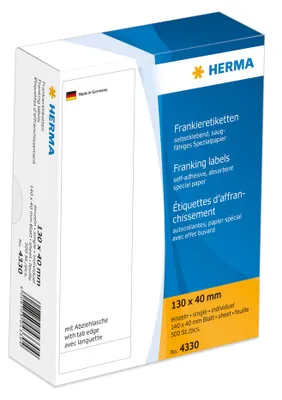 Obrázok produktu pre HERMA Etikety na frankovanie - papier - samolepiace - biele - 130 x 40 mm 500 etikiet (500 listov x 1)