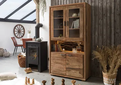 Produktbild von MASSIVMOEBEL24 Vitrine Akazie 98x40x180 natur lackiert BARK #109
