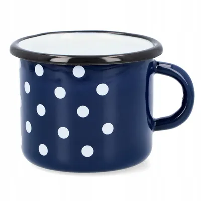 Produktbild von Kuketo | Emaille-Becher 0,5 l – Turistische Tasse – Kleiner Topf – Für Gas – Induktion – Outdoor – Robust – Langlebig – Blau mit Weißen Punkten