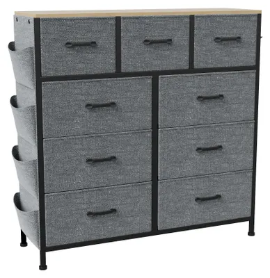 Produktbild von Aufbewahrungsschrank - Stoffkommode mit 9 großen Schubladen - Seitentaschen - Eisenrahmen - Für Wohnzimmer und Schlafzimmer - 98,8 × 30 × 100 cm - Grau