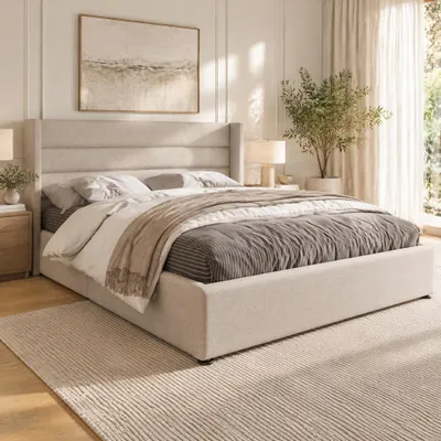 Immagine prodotto di INONEFT, Letto imbottito idraulico 160x200 cm, letto matrimoniale con contenitore, letto a molle con rete a doghe, colore: lino, beige, senza materasso