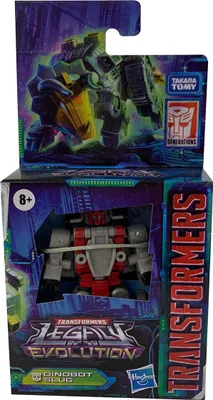 A toy robot in its packaging, with a graphic of the robot on the top flap.
