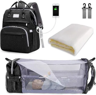 Produktbild von Famanu Wickelrucksack Große Kapazität - Tragbarer Reise-Wickelrucksack mit Faltbarem Bett (Schwarz)