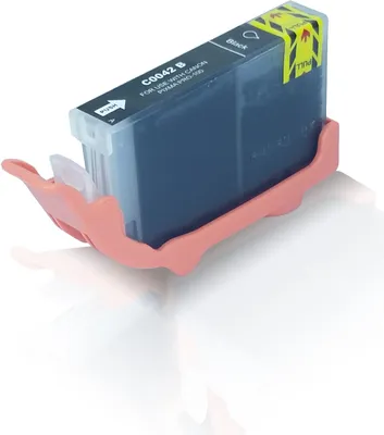 A black ink cartridge is shown in a pink holder against a white background.