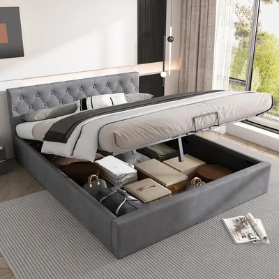 Image de MODFU Lit Capitonné Double 140x200 - Lit Coffre avec Sommier et Rangement Hydraulique - Design Moderne en Velours - Sans Matelas - Gris