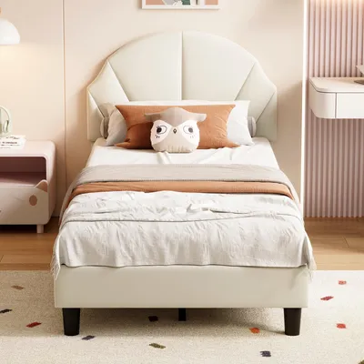 Produktbild von UnboxG Polsterbett 90x200 cm, höhenverstellbares Kopfteil, Samt Einzelbett mit weichem Kopfteil und Rückenstütze, einfach zu montieren, Beige