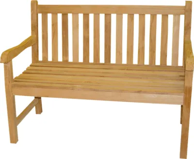 A wooden garden bench is shown against a white background.