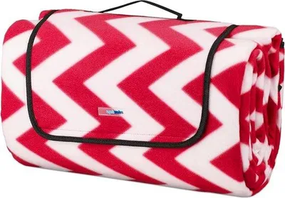 Produktbild von Famanu XXL Picknickdecke 200 x 300 cm - isolierte Unterseite, Handgriff, rot-weißes Zigzag-Muster