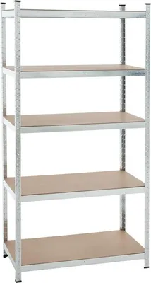 A metal shelving unit with wooden shelves against a white background.