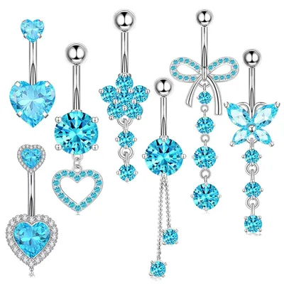 Image de Lot de 7 piercings pour nombril, en acier inoxydable, avec zircone, en forme de cœur suspendu, de couleur bleue