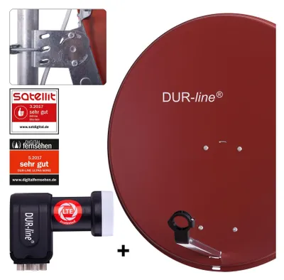 A satellite dish and LNB are shown against a white background, with several review badges and logos.