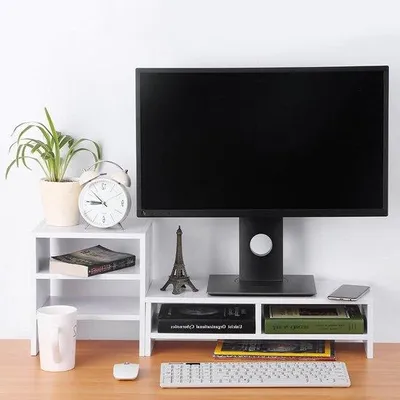 Immagine prodotto di Supporto per monitor a 3 ripiani con ripiano laterale - Organizer da ufficio - bianco